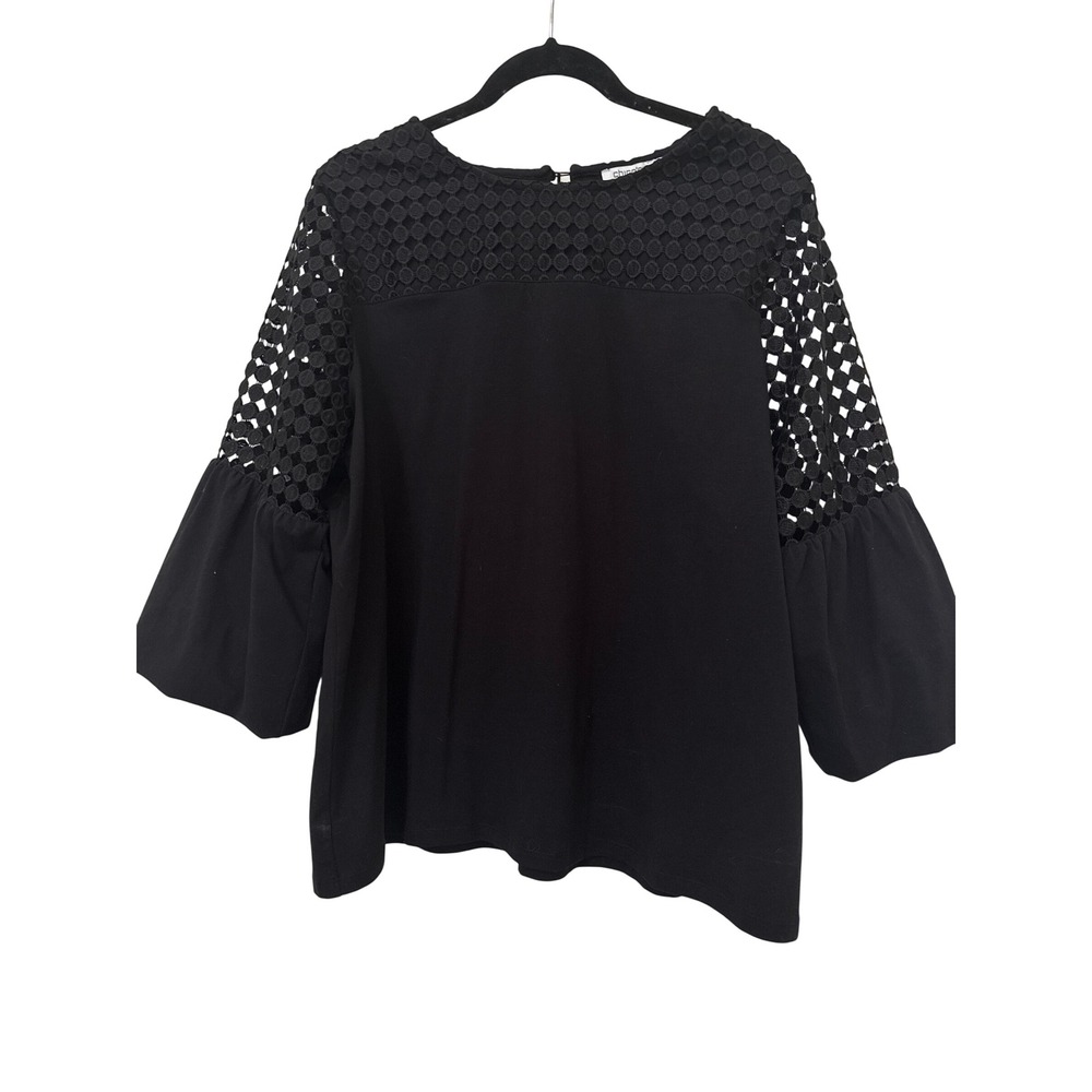 Chicos Black Bell Sleeve Top Eyelet Lace Yoke Blouse Size 3 XL Cotton Stretch